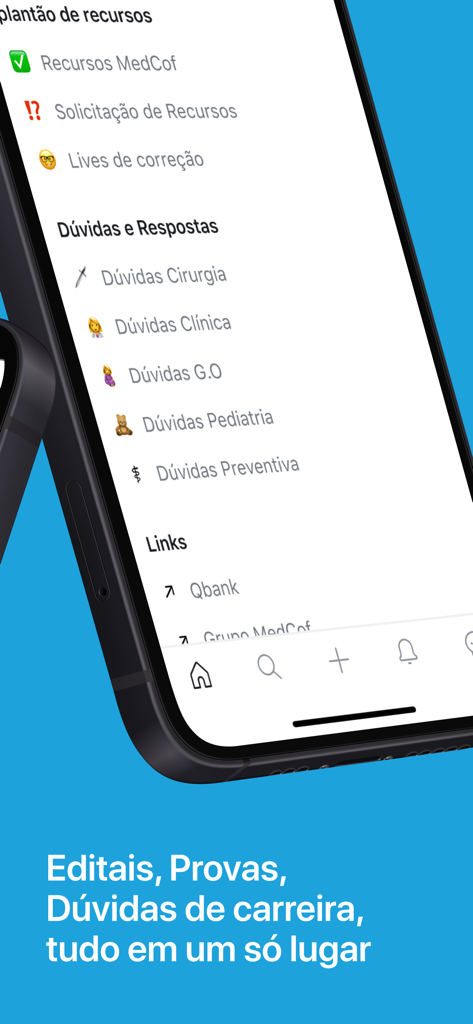 Medcof Plus - Mobile app interface of Medcof Plus showing medical specialty Q&A sections and study links.