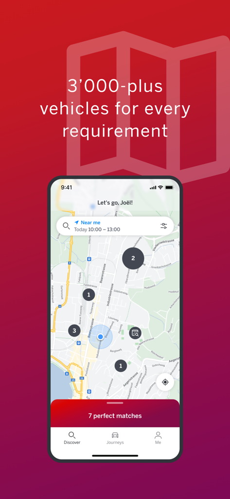 Smartphone displaying the Mobility Carsharing app map with car locations and search results