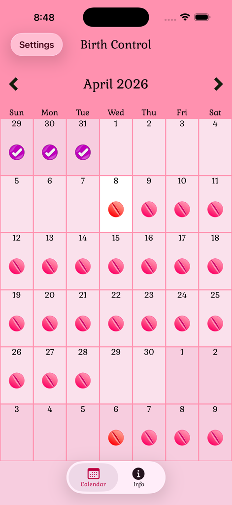 Visualização mensal do calendário em rosa no aplicativo Lembrete de Pílula Anticoncepcional, mostrando ícones de acompanhamento diário de pílulas.