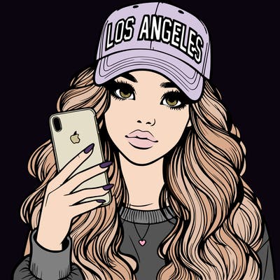 realistic beautiful girl wearing los ángeles cap holding an iphone