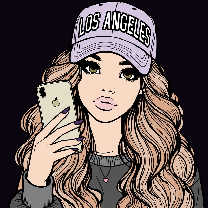 realistic beautiful girl wearing los ángeles cap holding an iphone