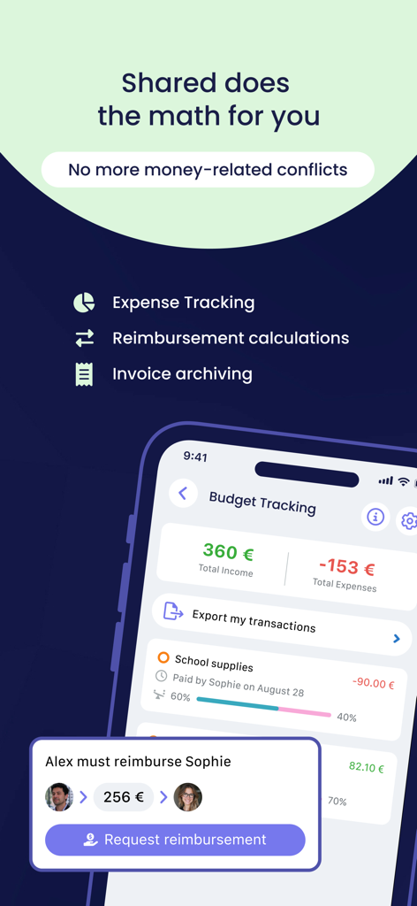 Shared-App-Oberfläche zur Budgetverfolgung, die gemeinsame Co-Parenting-Ausgaben und eine Rückerstattungsanforderung zwischen Eltern zeigt