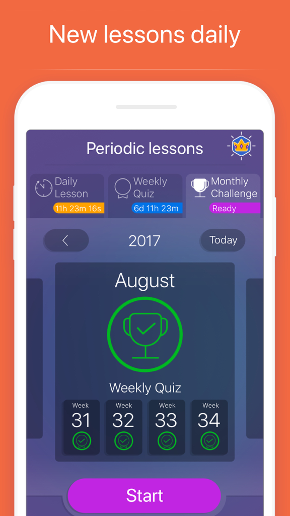 Learn English: Language Course - Mondly app interface showing daily English lessons and weekly progress tracking calendar.