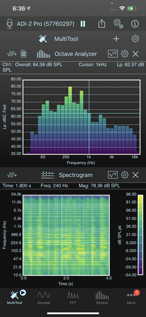 SignalScope X - Ferramentas de Analisador de Oitava e Espectrograma no SignalScope X.