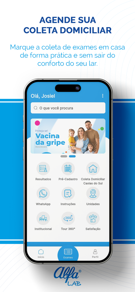 Alfa Laboratório - Panel de la aplicación Alfa Laboratorio que muestra opciones para programar la recolección a domicilio y ver los resultados de laboratorio