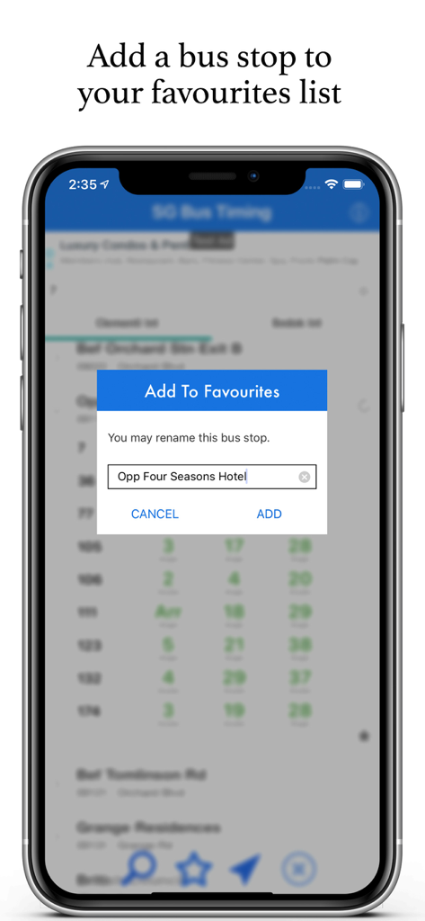 Capture d'écran de l'application SG Bus Timing montrant l'option permettant de renommer et d'ajouter un arrêt de bus à la liste des favoris