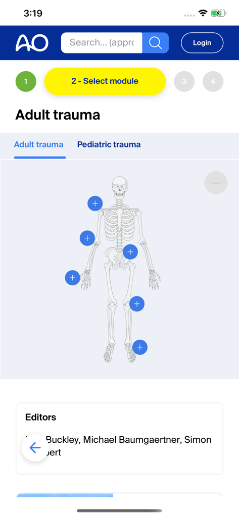 Anatomical selection screen in the AO Surgery Reference app showing an interactive skeleton for adult trauma