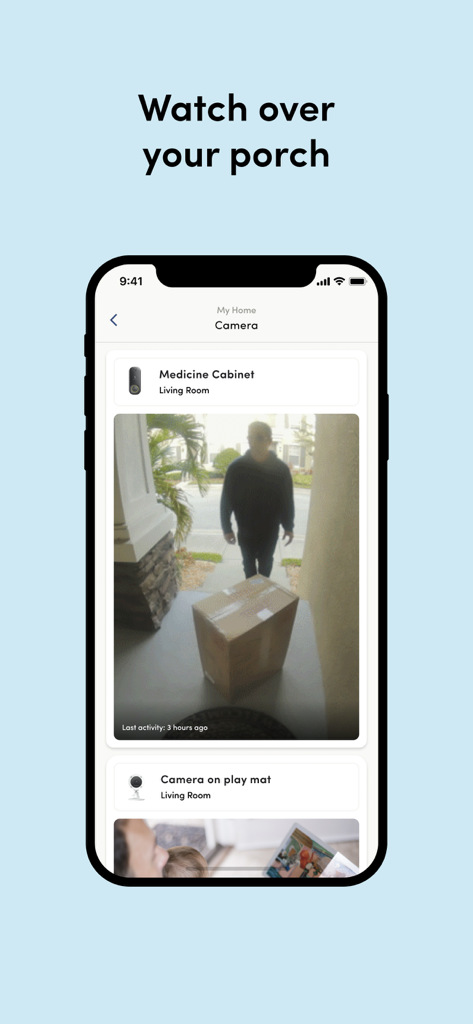 Kangaroo: Simple Home Security - A smartphone showing the Kangaroo home security app with a live camera feed of a person delivering a package on a porch.
