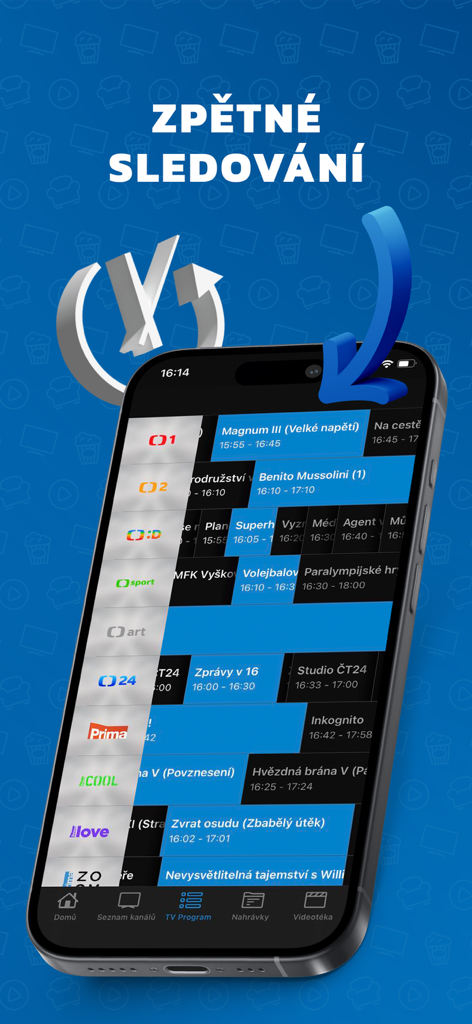 SledovaniTV - SledovaniTV app on iPhone showing a TV program guide with catch up functionality for Czech channels