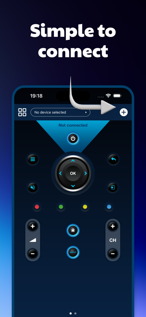 Universal Remote for Smart TV. - Interfaz de la aplicación Control Remoto Universal para Smart TV que muestra una configuración de conexión de dispositivo simple