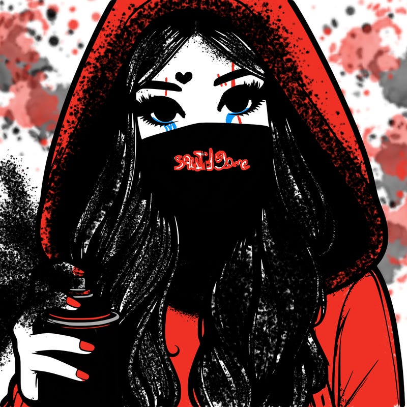 girl wearing a mask with long hair with her hood up spray-painting realistic