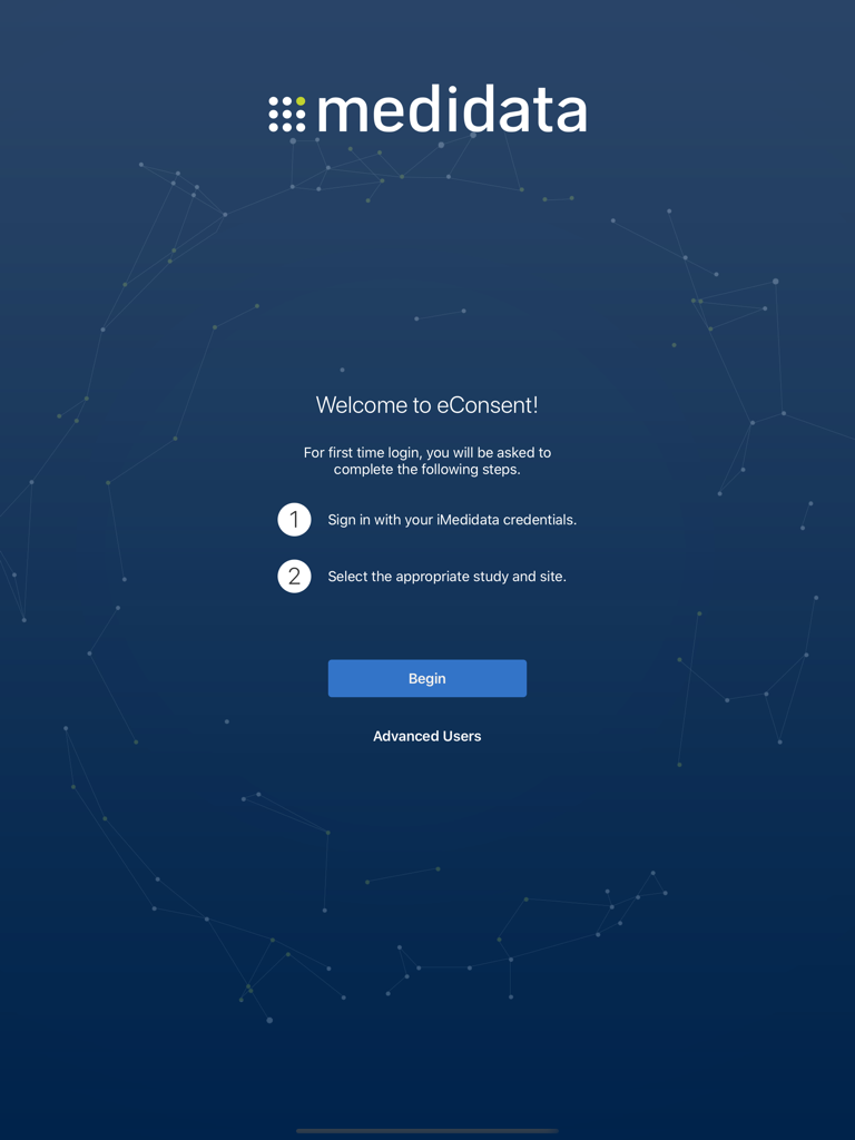 Welcome screen of the Rave eConsent app by Medidata showing first time login steps for clinical trial participants