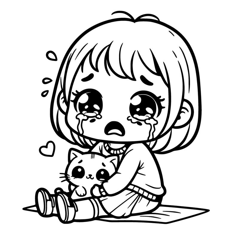 the little girl hugging a kitty with crying face