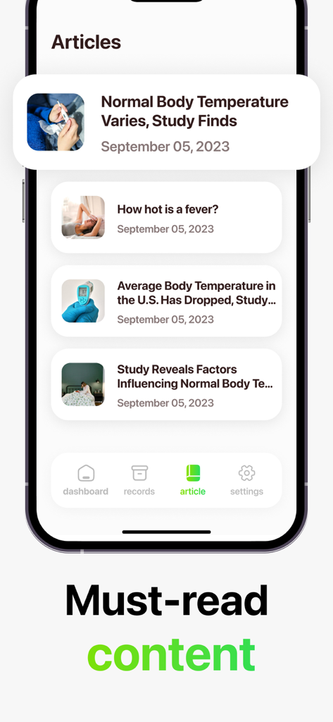アプリの記事セクションにある体温と発熱に関する教育記事のリスト
