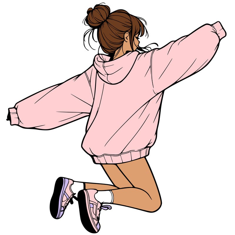 realistic girl jumping with a bun and oversized sweatshirt