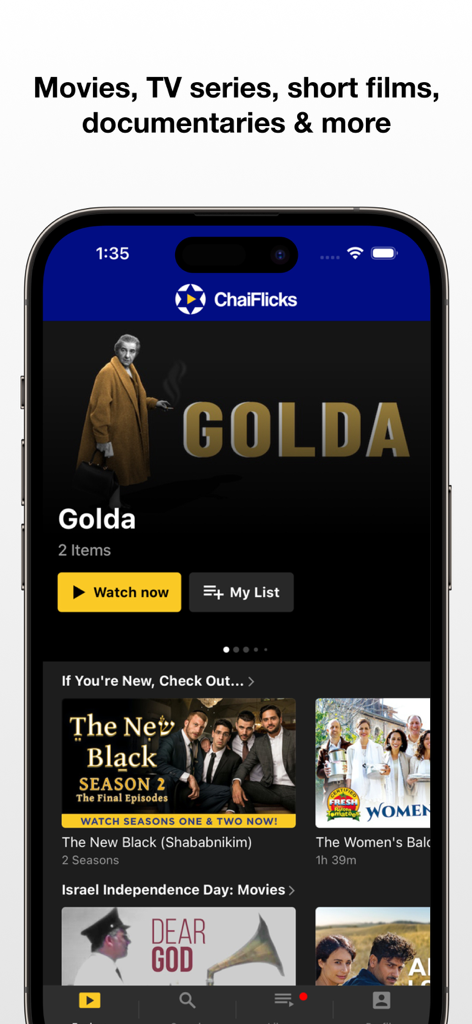 ChaiFlicks mobile app interface showcasing curated Jewish and Israeli movies and TV series