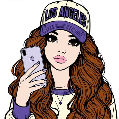 realistic beautiful girl wearing los ángeles cap holding an iphone
