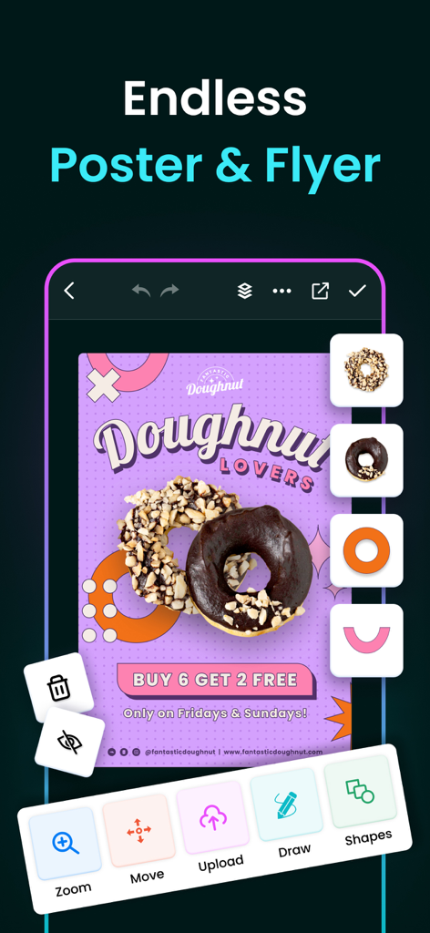 Mobile app interface showing the creation of a donut shop promotional flyer with editing tools like zoom move and upload
