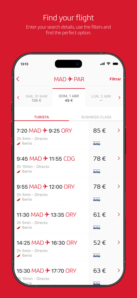 Aplicación móvil Iberia mostrando resultados de búsqueda de vuelos de Madrid a París con horarios y precios de billetes