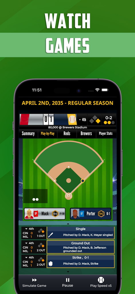 Gameplay screen of Ultimate Pro Baseball GM showing a simulated baseball match with play-by-play data and field view in portrait mode