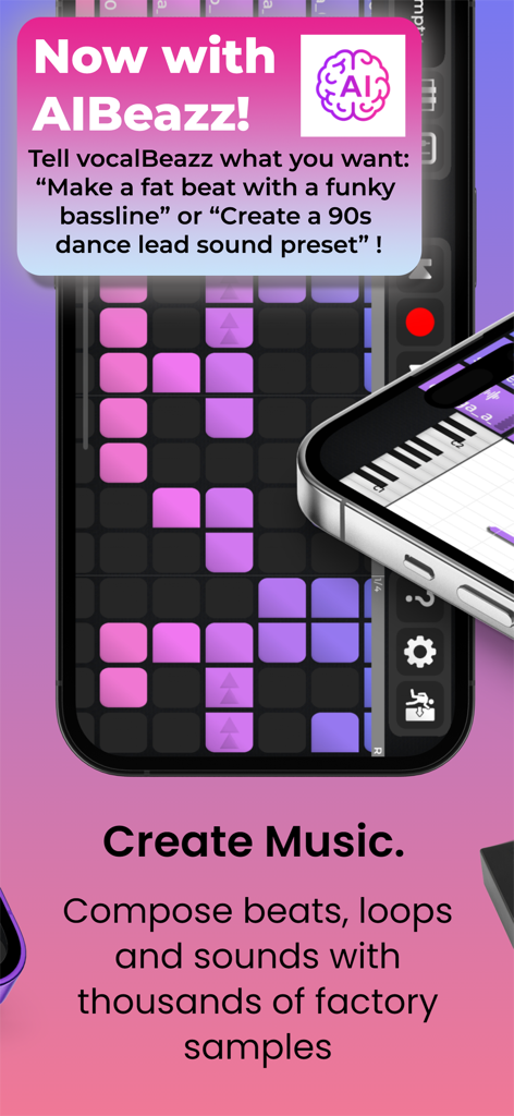 vocalBeazz app interface showing AI beat generation and music composition tools on iPhone