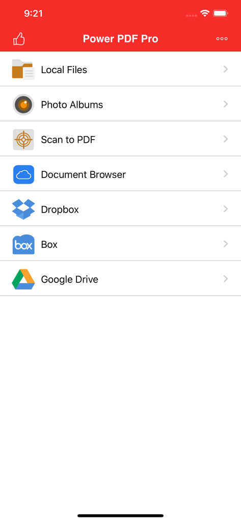 Menu principale dell'app Power PDF Pro che mostra la gestione dei file e le opzioni di integrazione dell'archiviazione cloud