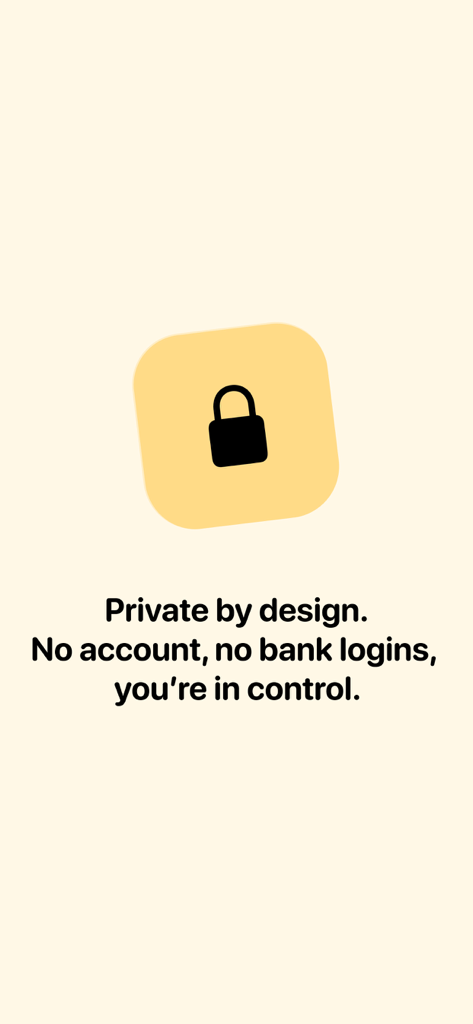 Barefoot Buckets - Barefoot Buckets app screen featuring a lock icon and text explaining its private design with no bank logins required