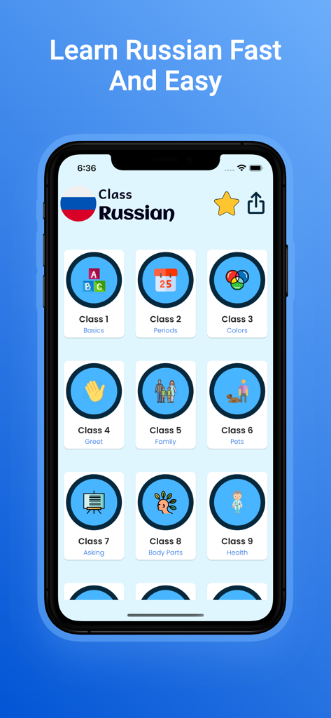 Uma tela de aplicativo móvel exibindo uma grade de categorias de lições de língua russa como básico, família e saúde