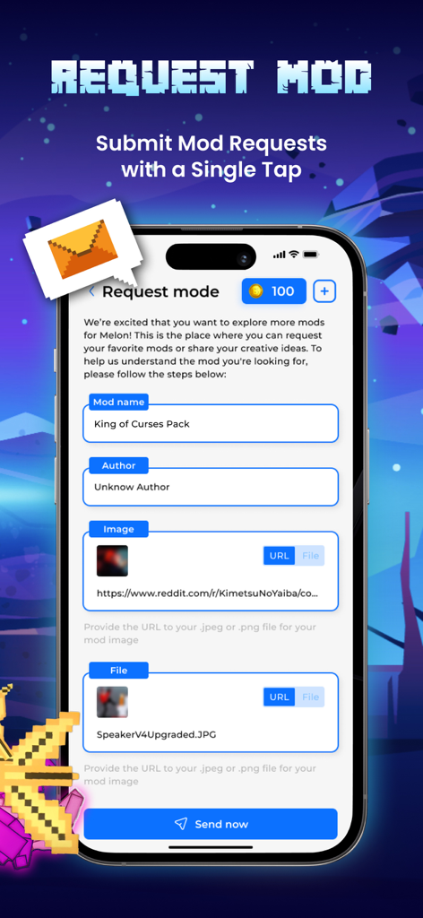Addons for Melon PG - Interfaz para enviar solicitudes de mods en la aplicación Complementos para Melon PG
