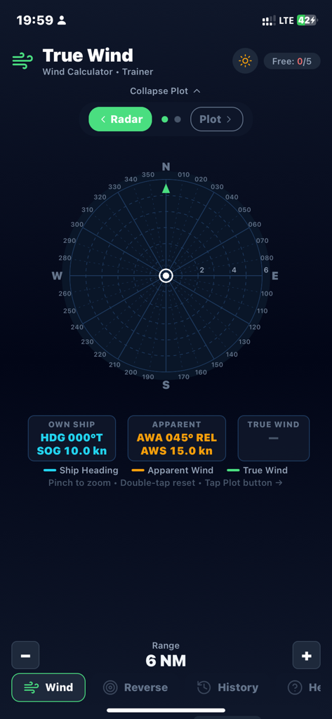 True Wind Pro - Nautical radar plot and ship navigation data interface in the True Wind Pro app.