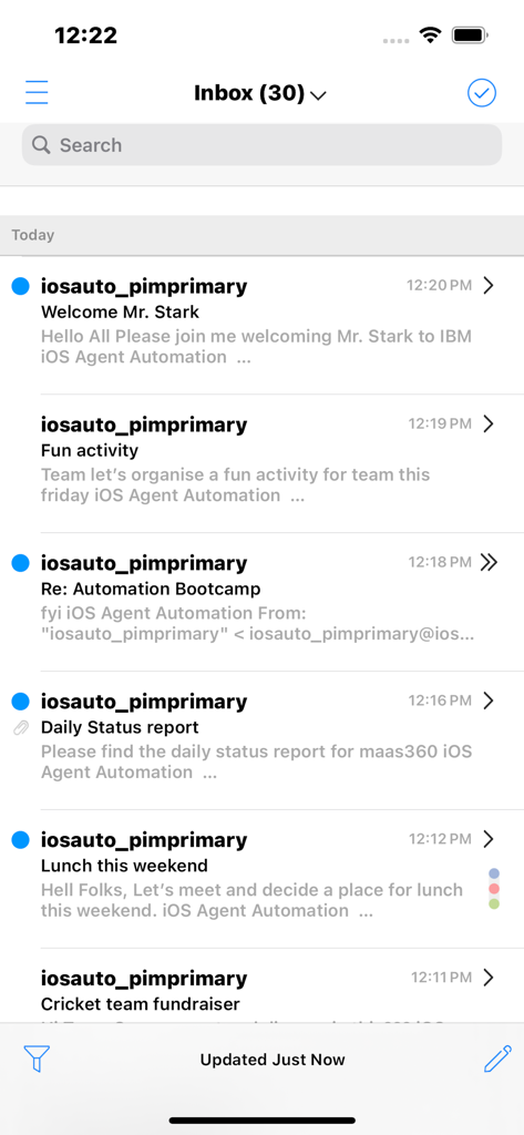 IBM MaaS360 - IBM MaaS360 app interface showing a secure corporate email inbox on a mobile device