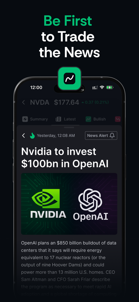 TradeVision - TradeVision mobile app screen showing a news alert for Nvidia and OpenAI stock trading