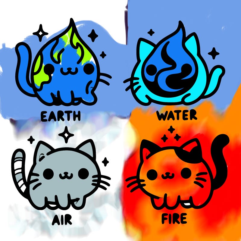4 cats that represent the different elements, earth, water, air, and fire