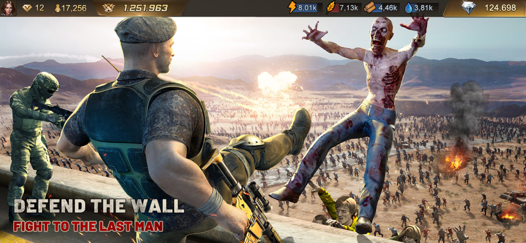 Soldiers defending a desert base wall against a massive swarm of zombies in Last Shelter Survival.