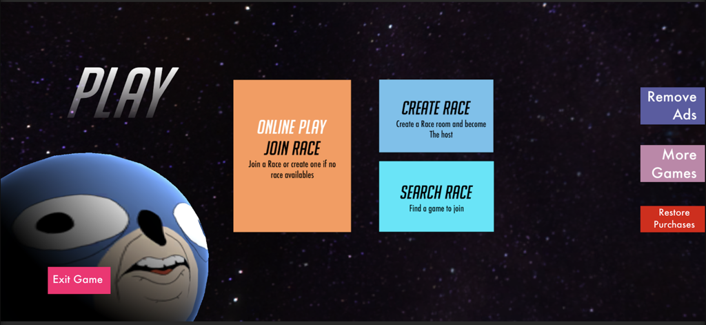 Sanic Ball - The main play menu of Sanic Ball showing online racing options and the Sanic meme character