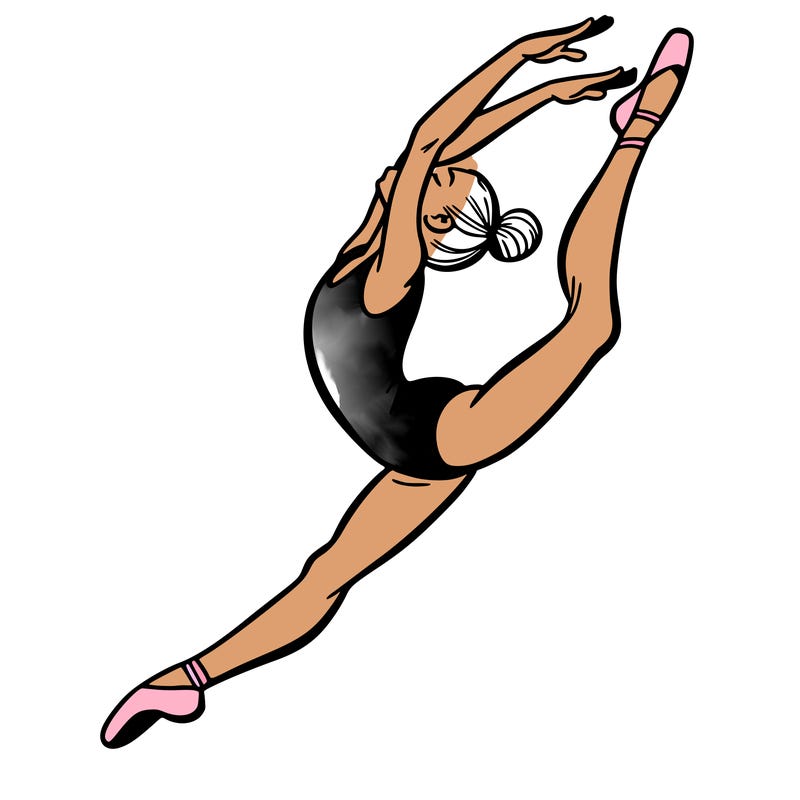 gymnast doing a leap in a leotard with a bent back leg