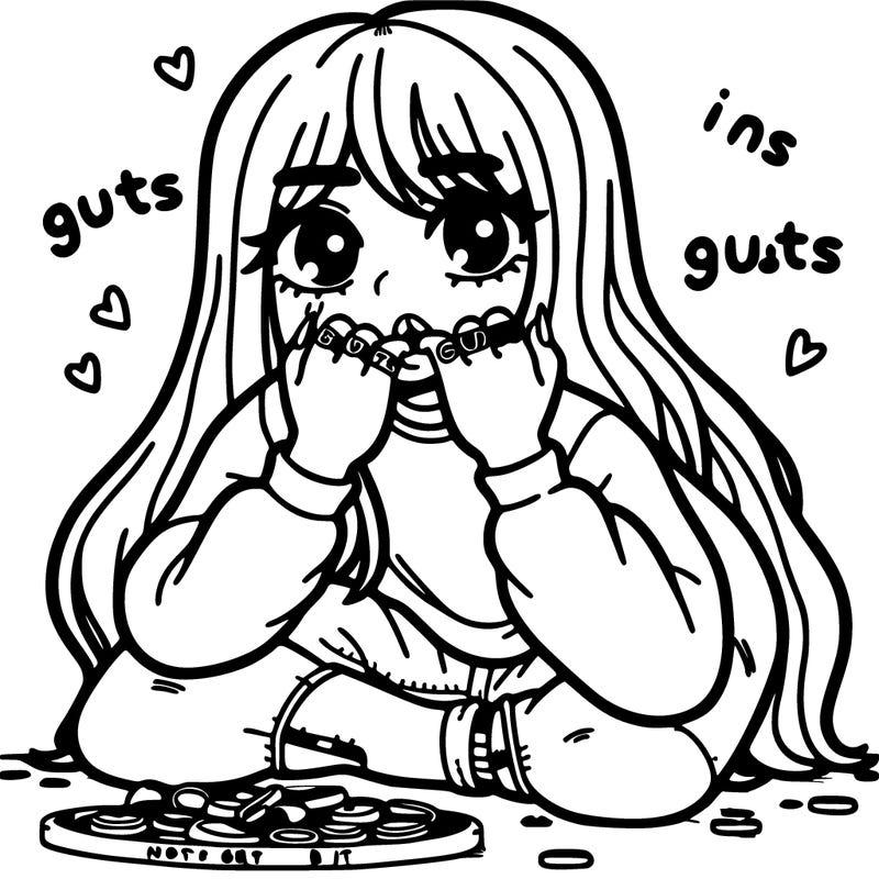 a girl bitting her nails on the floor with long hair and rings that say guts on it