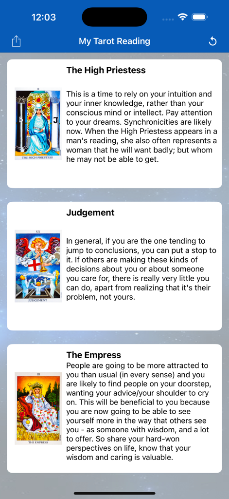 대사제, 심판, 황후 카드의 의미를 보여주는 타로 읽기 화면