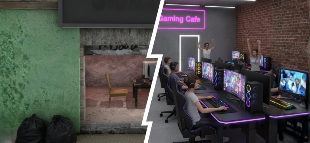 Confronto prima e dopo di una stanza fatiscente trasformata in un moderno internet café con luci al neon.
