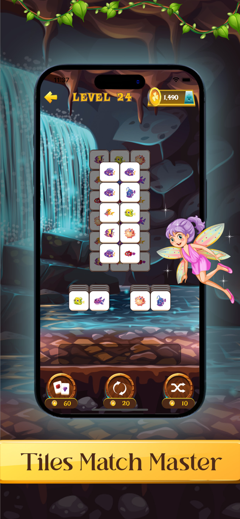 Tile Match Master Game - Un niveau de correspondance de tuiles sur le thème des poissons dans Tile Match Master Game avec un arrière-plan de cascade et un personnage de fée
