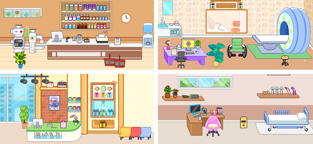 Vier Cartoon-Szenen verschiedener Krankenzimmer, darunter eine Apotheke und ein MRT-Labor aus dem digitalen Puppenhausspiel