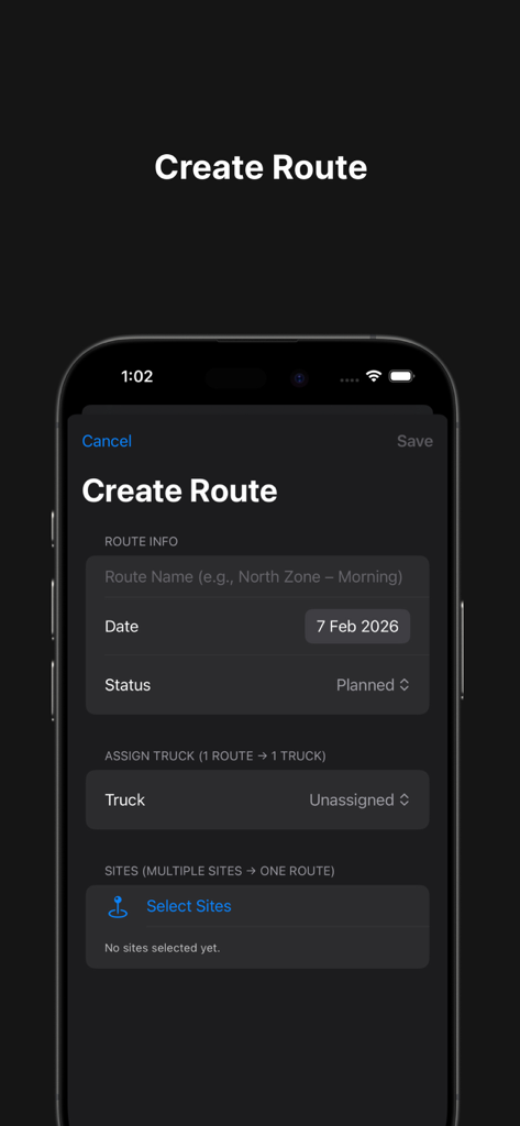 Maps 4u - The Create Route interface in the Maps 4u app allowing users to name a route, set dates, assign trucks, and select collection sites
