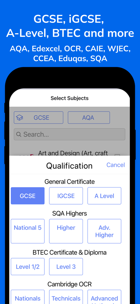 My Past Papers - Bildschirm der My Past Papers App zur Auswahl von Prüfungsqualifikationen wie GCSE und A-Level