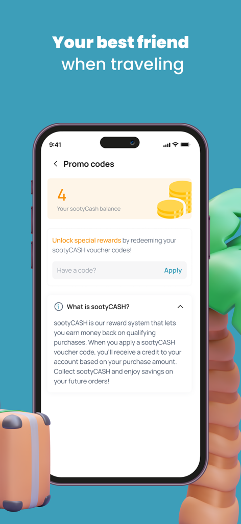 Tela do iPhone mostrando a página de códigos promocionais do aplicativo Sooty eSIM com um saldo de sootyCASH e explicação do sistema de recompensas