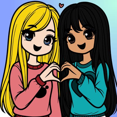 two bff girls making a heart with their hands smiling with both long straight hair one wearing a sweatshirt other wearing a t-shirt with a drawing of a heart