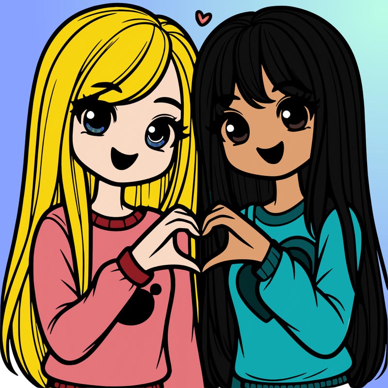 two bff girls making a heart with their hands smiling with both long straight hair one wearing a sweatshirt other wearing a t-shirt with a drawing of a heart
