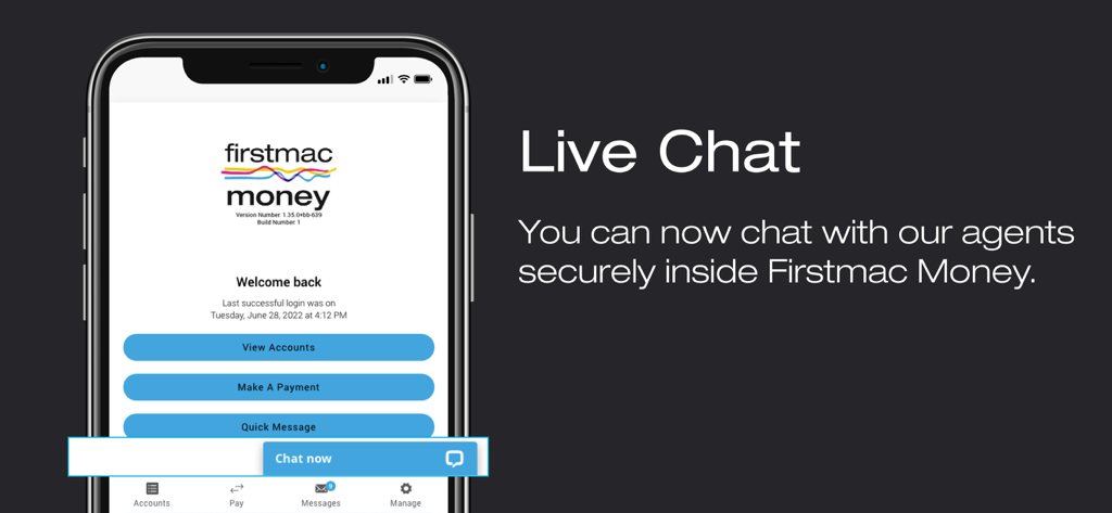 Firstmac Money - Firstmac Money app screenshot highlighting secure live chat with agents