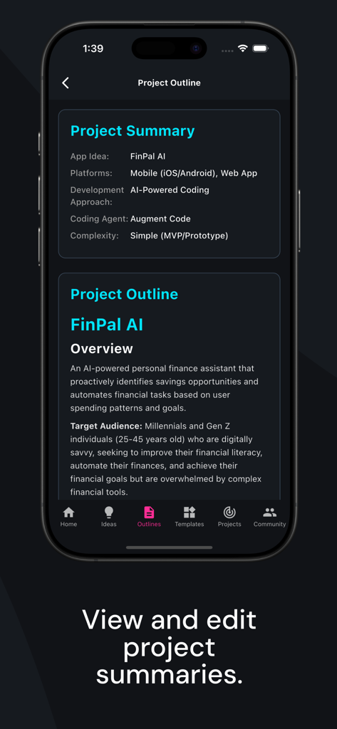 Vibe Coding Toolkit - Uma tela móvel do Vibe Coding Toolkit mostrando um esboço e resumo do projeto para uma ideia de aplicativo financeiro com IA.