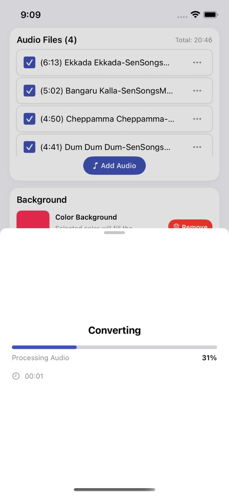 Interface d'application mobile du Convertisseur Audio en Vidéo Facile montrant la progression de la conversion de plusieurs fichiers audio avec une barre de progression