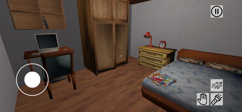 Haunted House: Escape Room - Vue à la première personne d'une chambre avec un lit et un vieil ordinateur dans le jeu Maison Hantée : Escape Game.